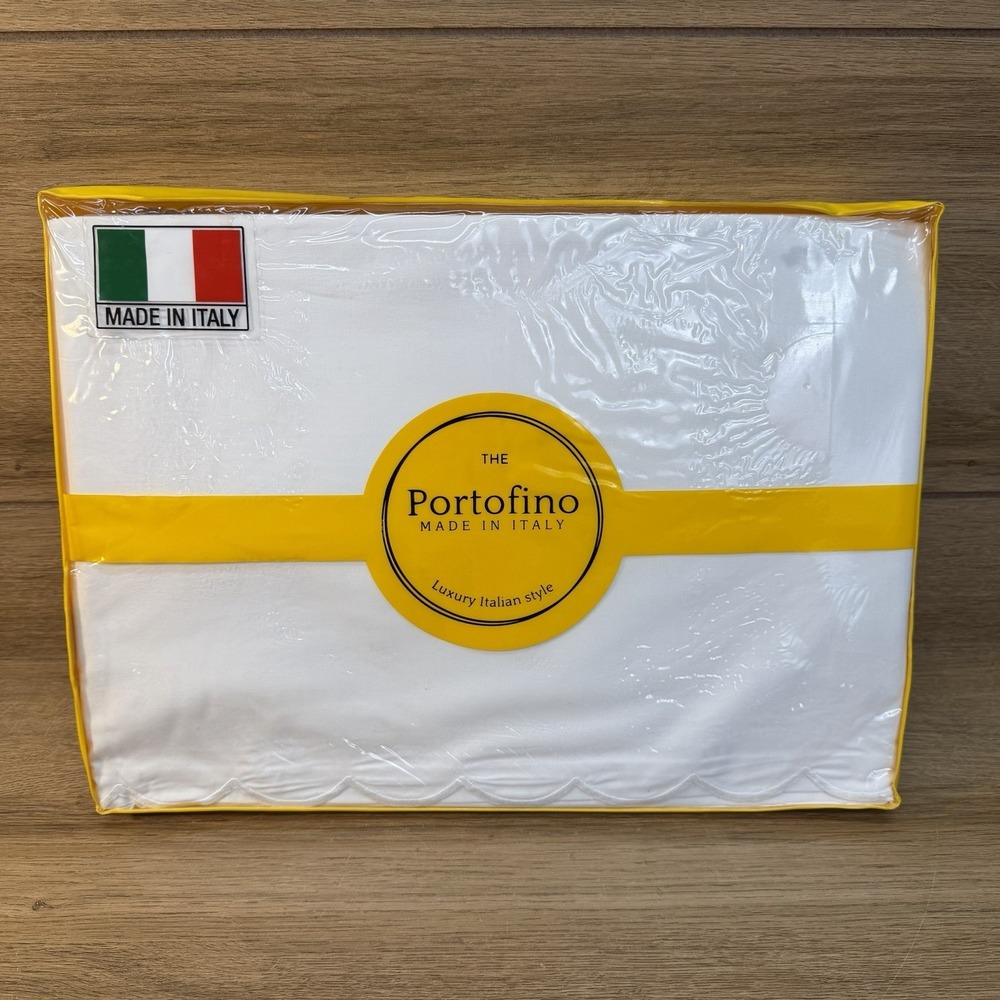 PORTOFINO 100% Cotton Luxury ITALY King 4 Piece Sheet Set White Scalloped New